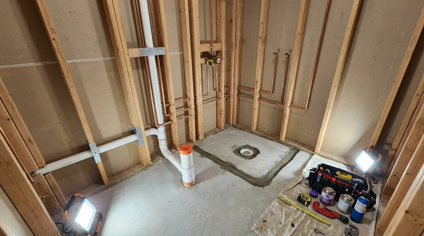 Bathroom rough-in plumbing during remodel by Johns Plumbing LLC in Huntington Woods