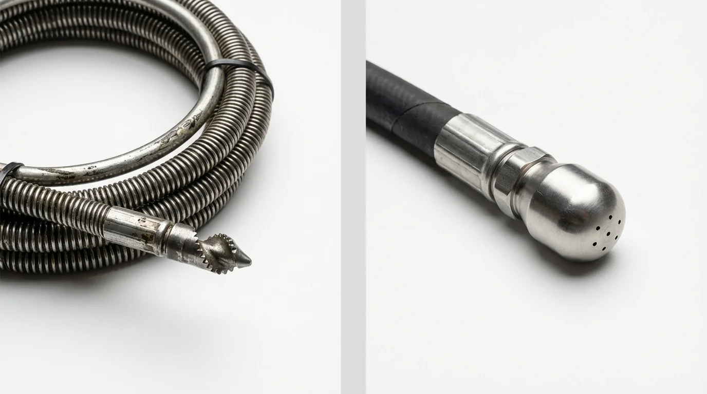 Drain snake cable and hydro jetting nozzle used for drain cleaning in Huntington Woods, MI