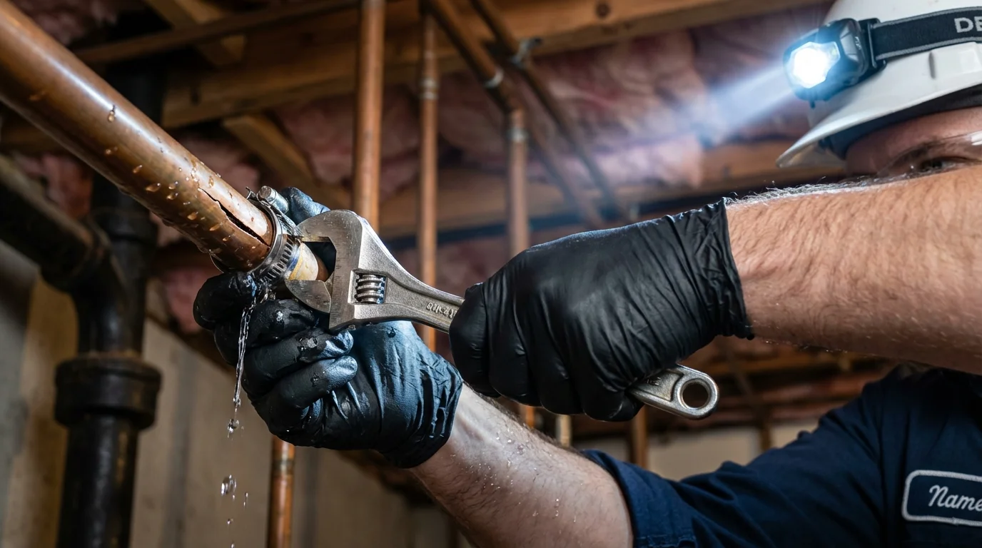 Emergency pipe clamp repair being performed by a Johns Plumbing LLC plumber in Huntington Woods