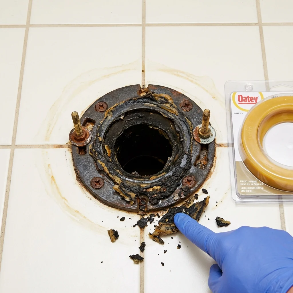 Failed wax ring showing water seepage at the base of a toilet in a Huntington Woods, MI home