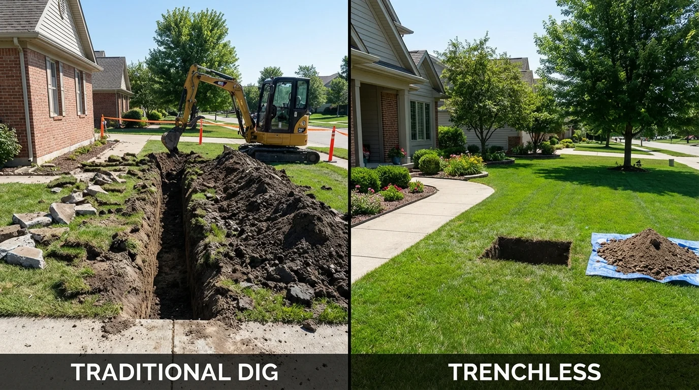 Trenchless sewer repair with minimal yard damage versus traditional excavation in Huntington Woods, MI