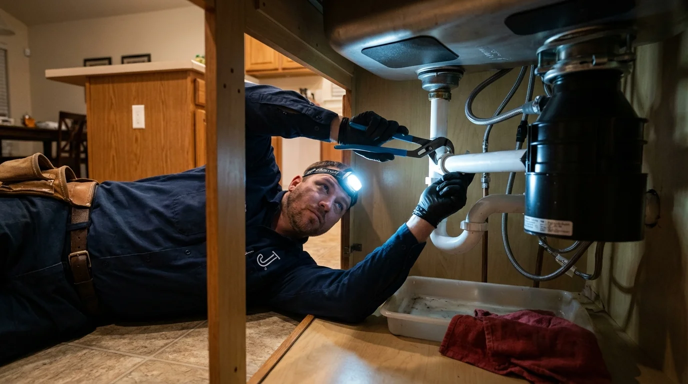 P-trap and supply line connections under a kitchen sink showing a common leak point in Huntington Woods, MI